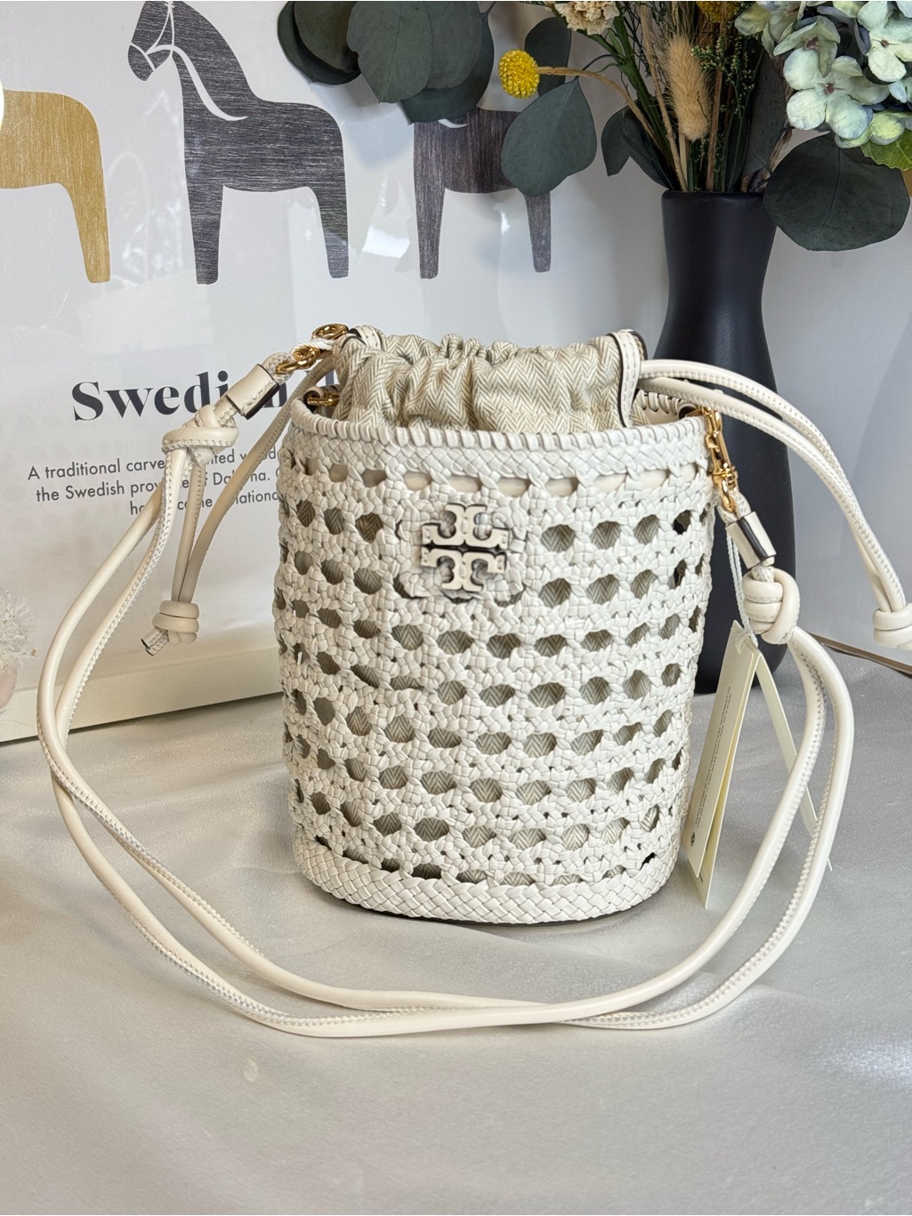 Tory Burch Woven Bucket Bag, Honeycomb White Woven Leather.